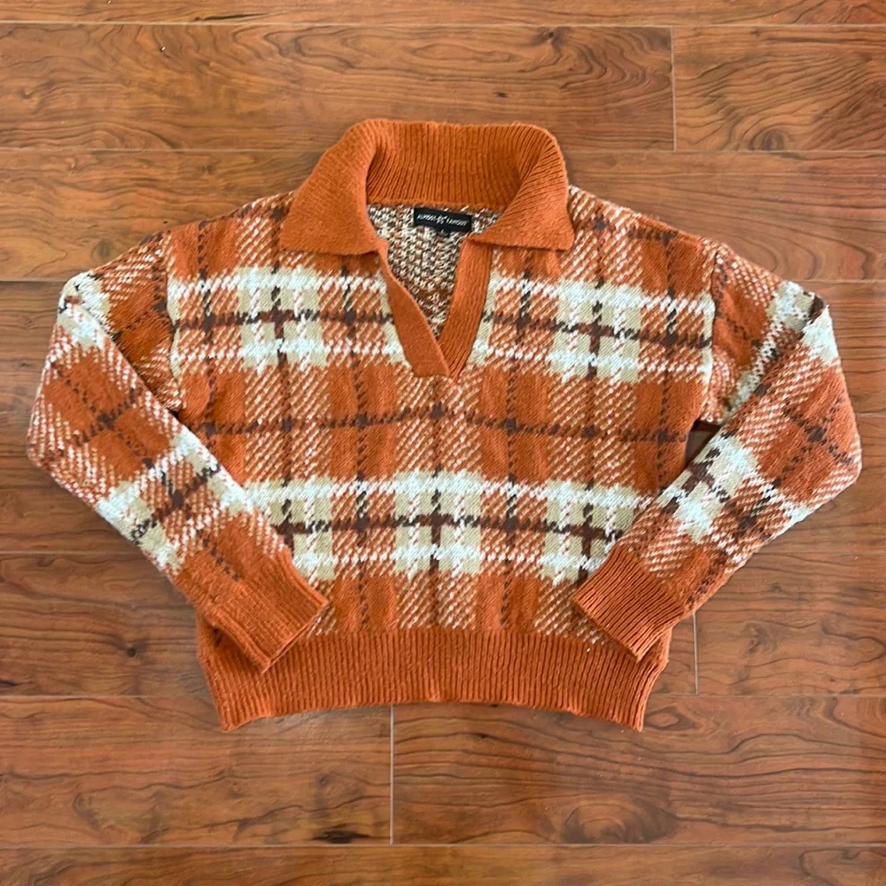 Almost Famous Orange Plaid V Neck Knit Sweater